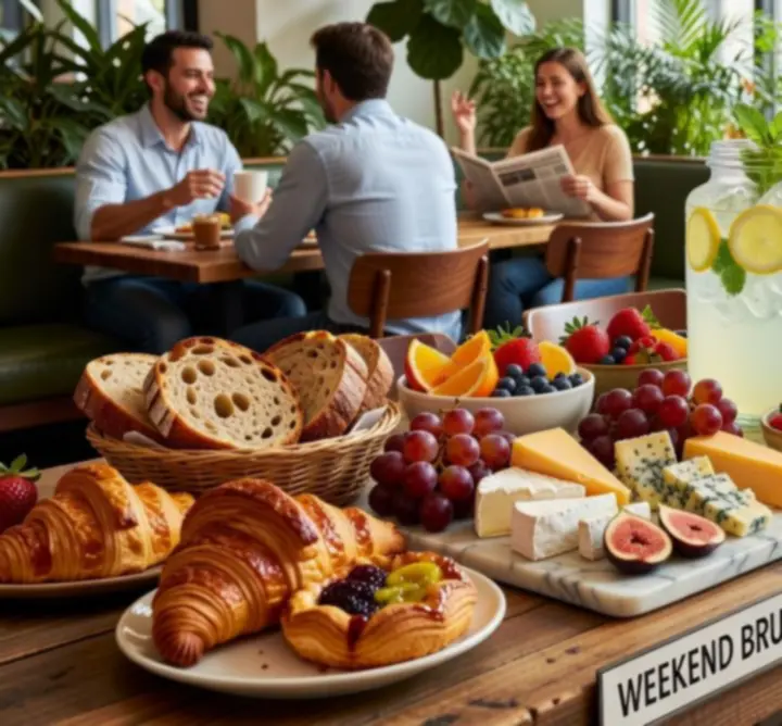 Hétvégi brunch terített asztallal, friss péksüteményekkel és italokkal a Garden Tips Daily Lounge-ban